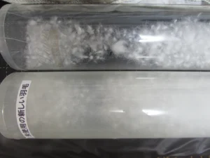 透明な筒に入った新しい羽毛と古い羽毛